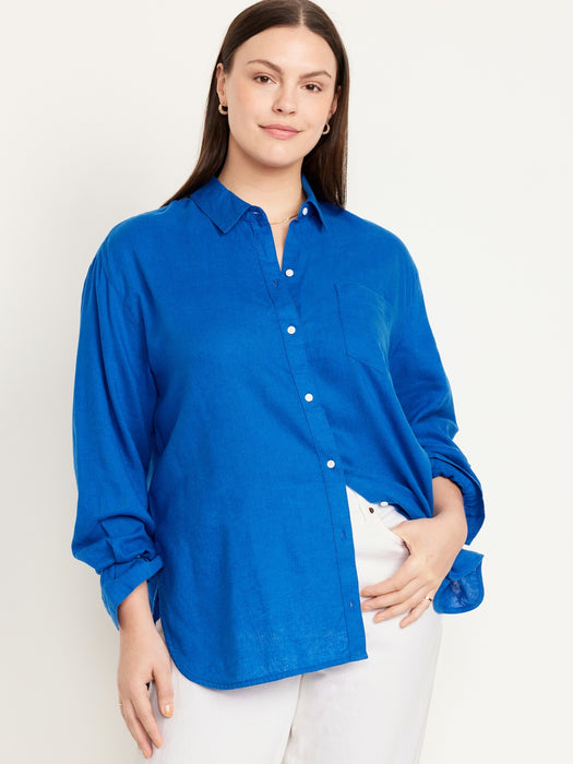 Linen-Blend Button-Down Boyfriend Shirt