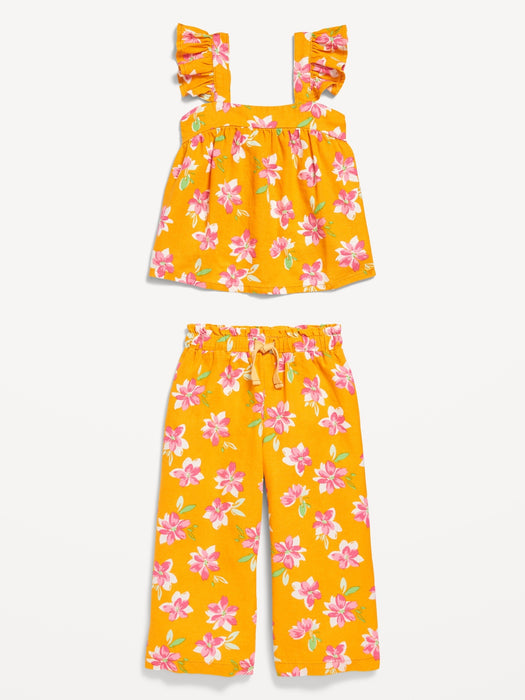 Sleeveless Linen-Blend Top and Wide-Leg Pants Set for Toddler Girls