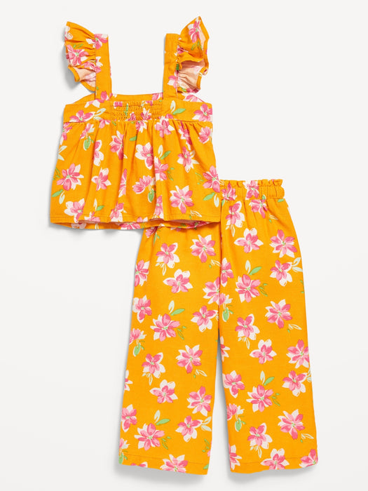 Sleeveless Linen-Blend Top and Wide-Leg Pants Set for Toddler Girls