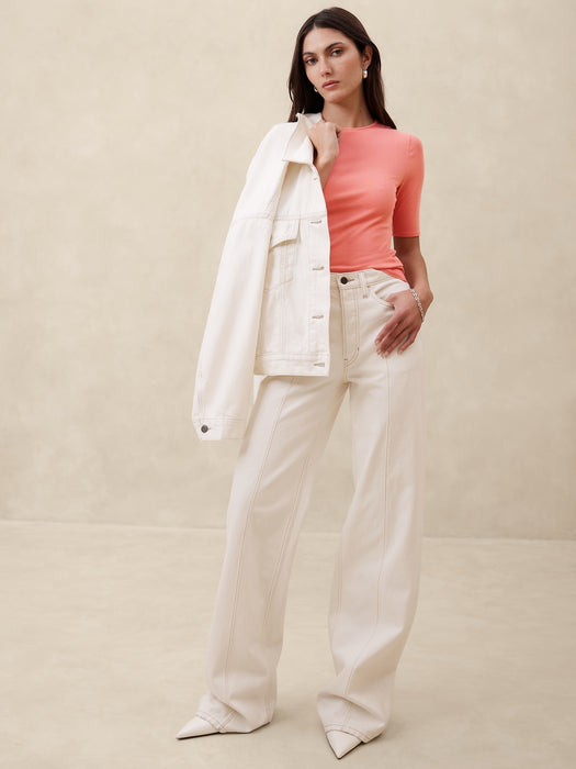 Ribbed Elbow-Sleeve T-Shirt