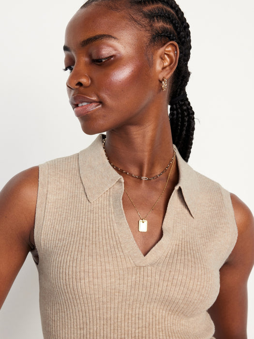 Rib-Knit Crop Polo Sweater