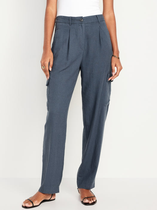 High-Waisted Linen-Blend Cargo Straight Pants