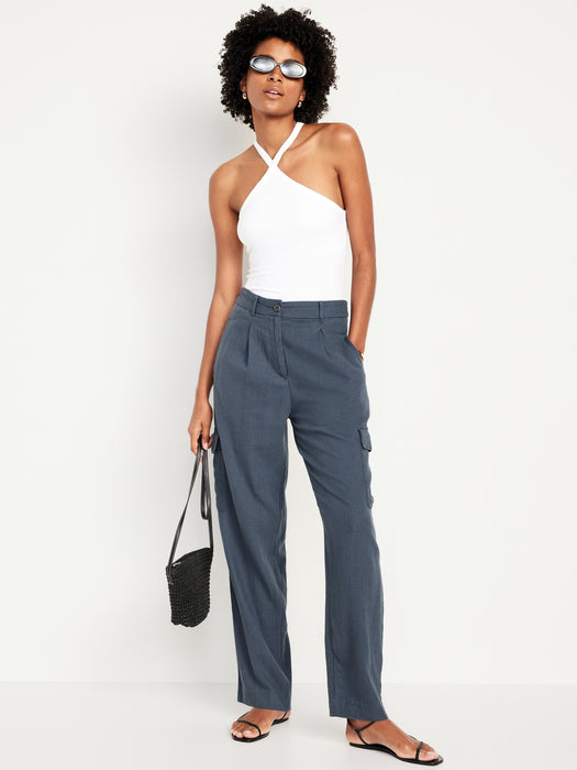 High-Waisted Linen-Blend Cargo Straight Pants