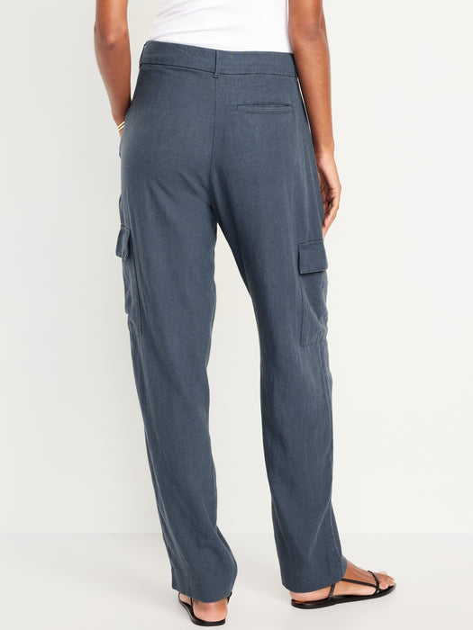 High-Waisted Linen-Blend Cargo Straight Pants