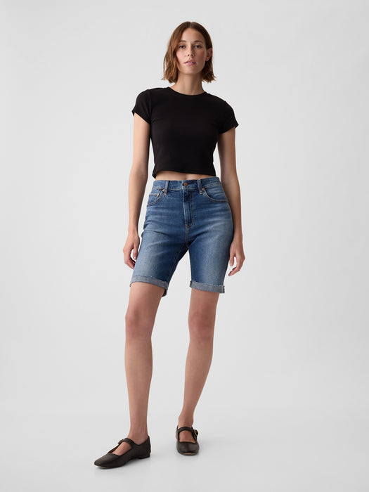 9" High Rise Denim Bermuda Shorts
