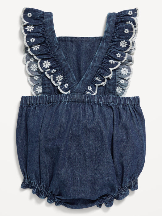 Ruffled Cross-Back Jean One-Piece Romper for Baby
