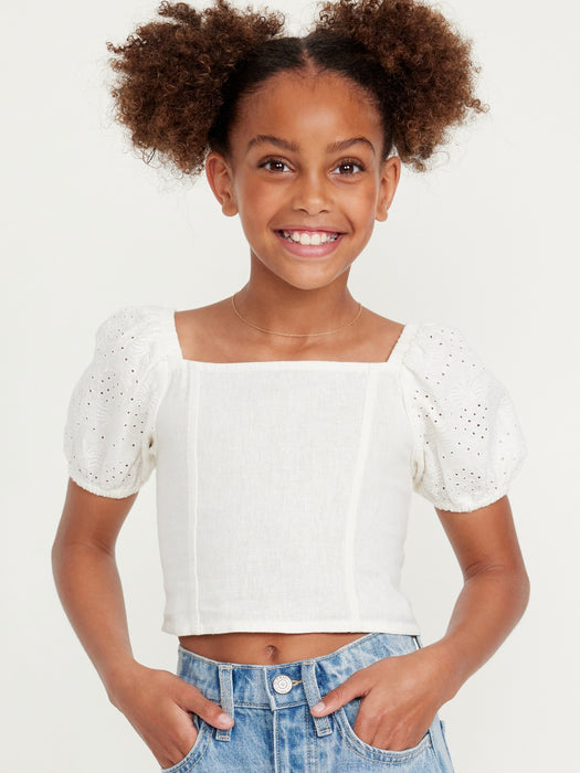 Short Puff-Sleeve Eyelet Linen-Blend Top for Girls