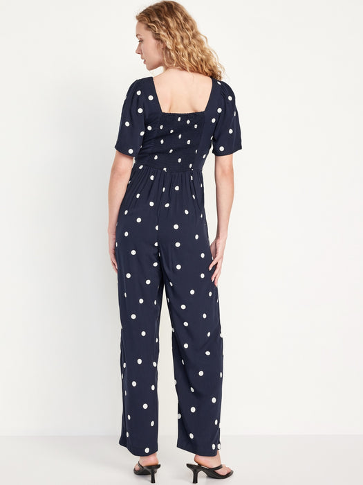 Waist-Defined Puff-Sleeve Jumpsuit