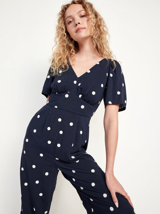 Waist-Defined Puff-Sleeve Jumpsuit