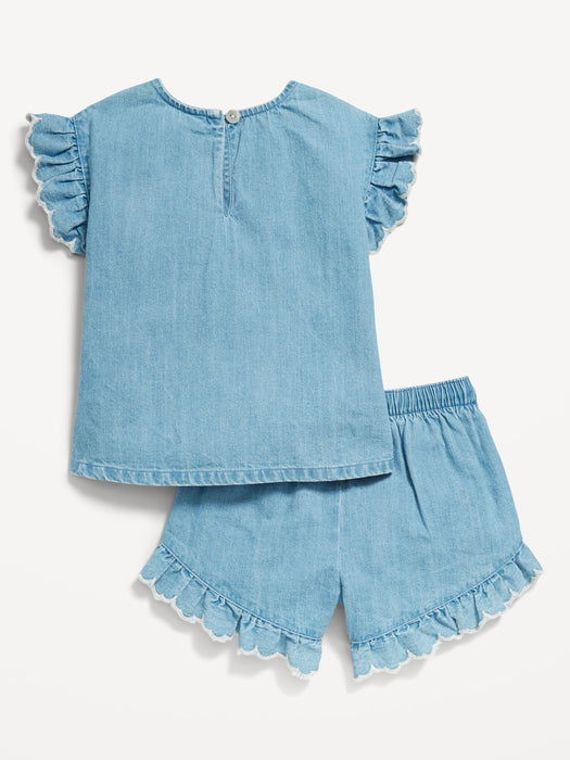 Ruffle-Trim Chambray Top and Shorts Set for Toddler Girls