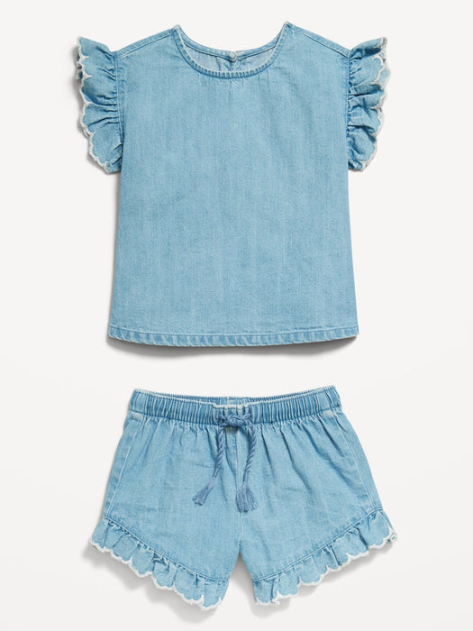 Ruffle-Trim Chambray Top and Shorts Set for Toddler Girls