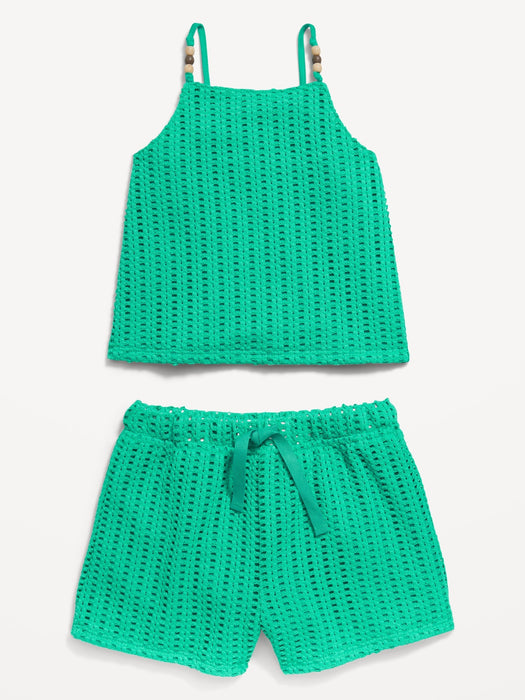 Crochet-Knit Beaded Tank Top and Shorts Set for Toddler Girls