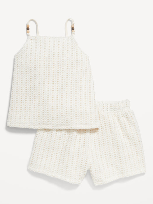 Crochet-Knit Beaded Tank Top and Shorts Set for Toddler Girls