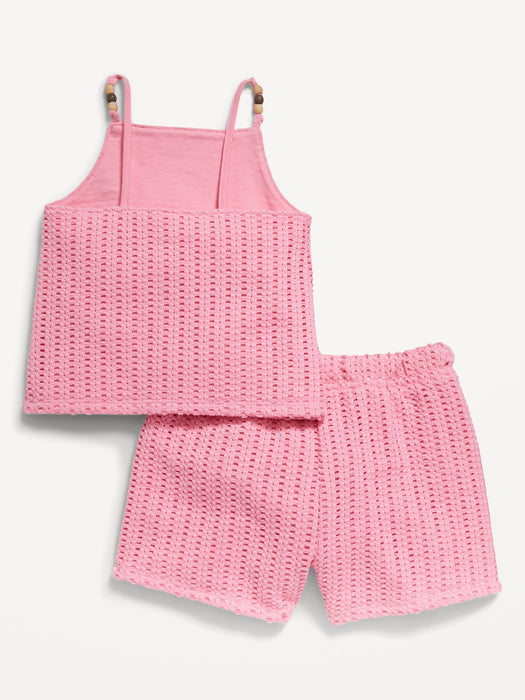 Crochet-Knit Beaded Tank Top and Shorts Set for Toddler Girls