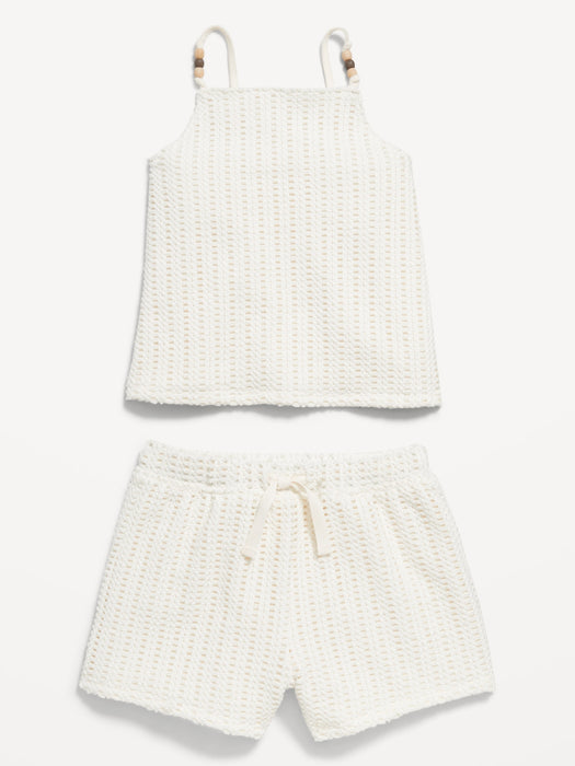 Crochet-Knit Beaded Tank Top and Shorts Set for Toddler Girls