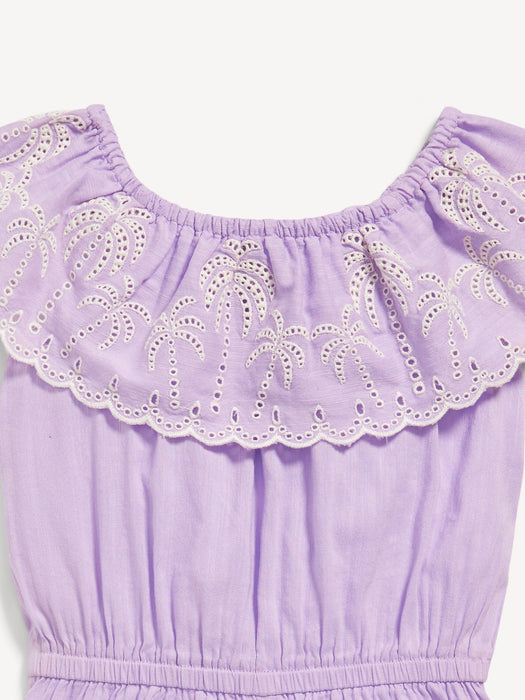 Ruffled-Trim Embroidered Romper for Toddler Girls