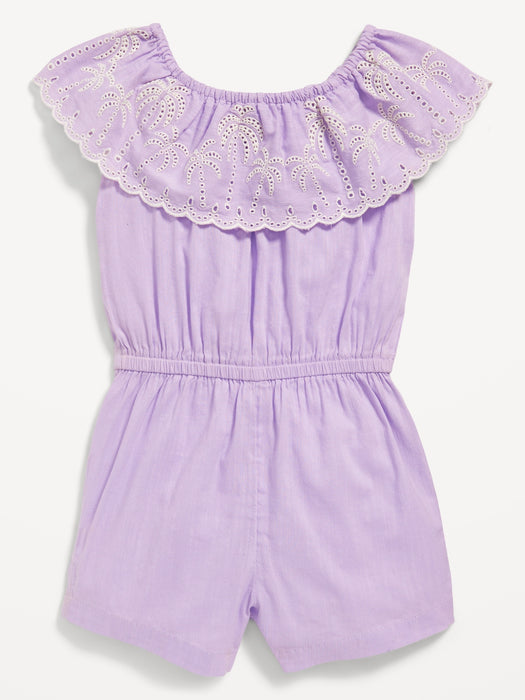 Ruffled-Trim Embroidered Romper for Toddler Girls