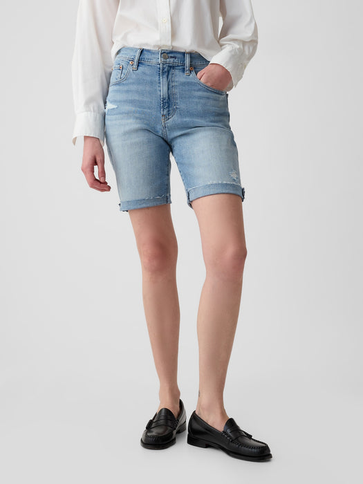 9" High Rise Denim Bermuda Shorts