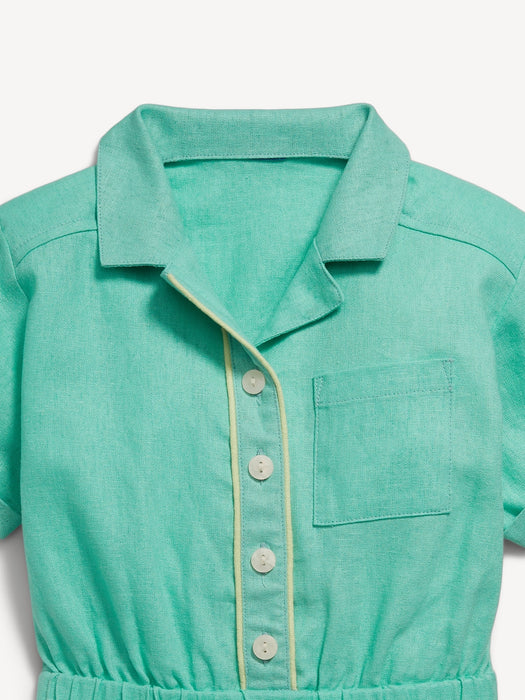 Short-Sleeve Linen-Blend Utility Pocket Romper for Toddler Girls