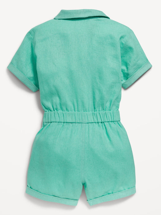 Short-Sleeve Linen-Blend Utility Pocket Romper for Toddler Girls