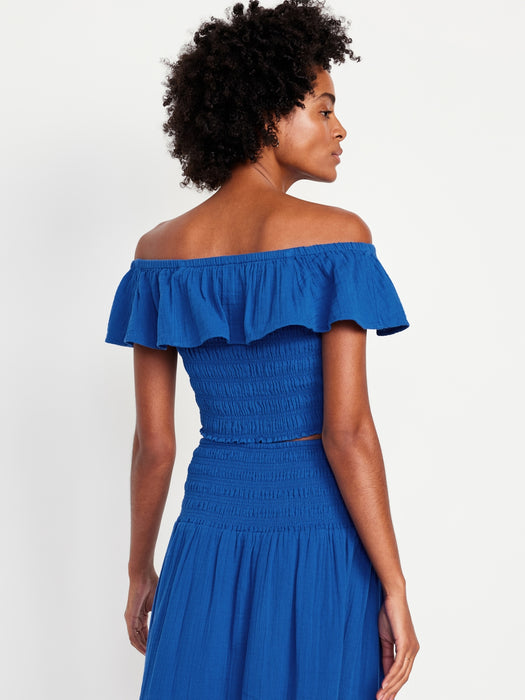 Off-Shoulder Crinkle Gauze Crop Top