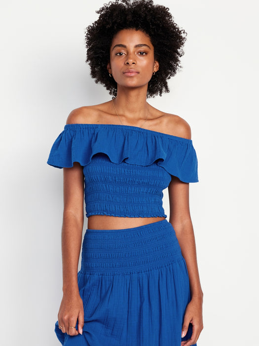 Off-Shoulder Crinkle Gauze Crop Top