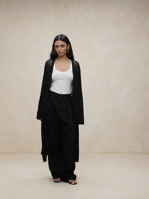 Cotton-Blend Open-Stitch Duster Cardigan