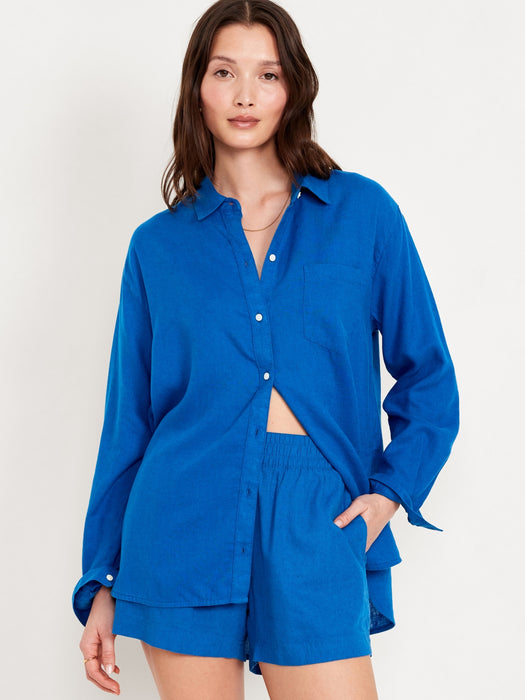 Linen-Blend Button-Down Boyfriend Shirt