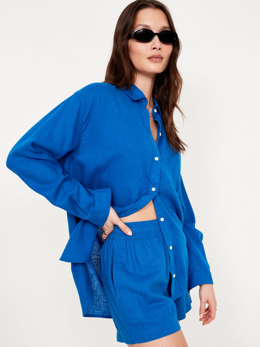 Linen-Blend Button-Down Boyfriend Shirt