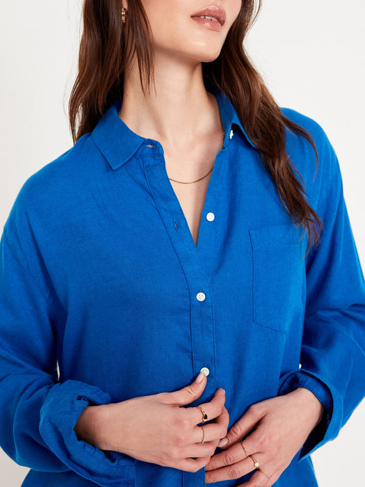 Linen-Blend Button-Down Boyfriend Shirt