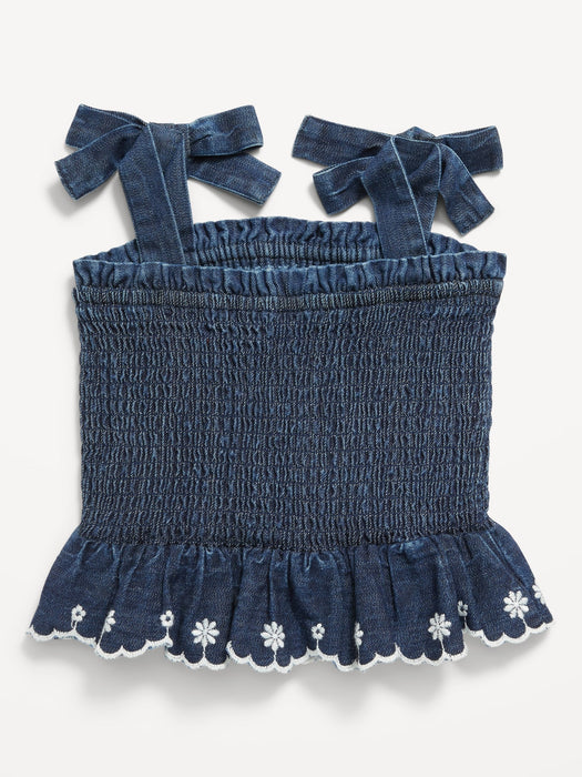 Sleeveless Bow-Tie Smocked Jean Top for Toddler Girls