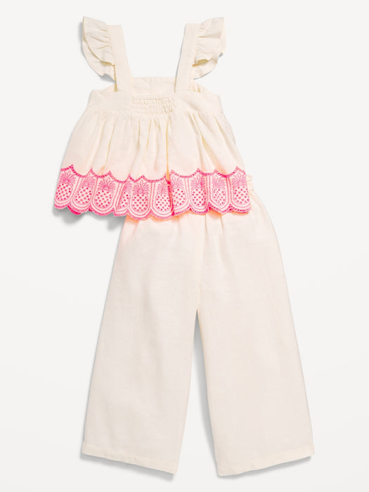Sleeveless Linen-Blend Top and Wide-Leg Pants Set for Toddler Girls