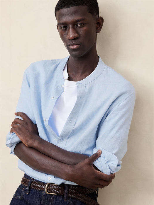 Castello Linen Banded-Collar Shirt