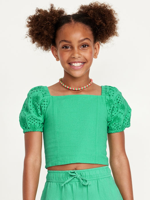 Short Puff-Sleeve Eyelet Linen-Blend Top for Girls