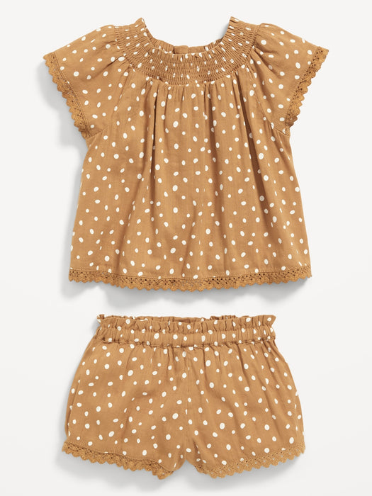 Flutter-Sleeve Scallop-Trim Top and Shorts Set for Baby