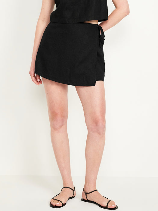 High-Waisted Linen-Blend Wrap-Front Mini Skort