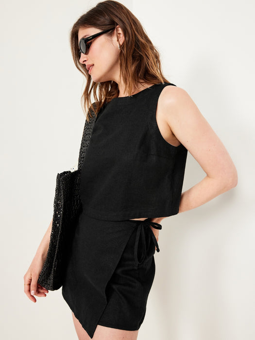 High-Waisted Linen-Blend Wrap-Front Mini Skort