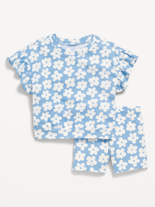 Printed Short-Sleeve Ruffle Top and Biker Shorts Set for Toddler Girls