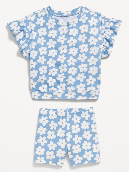 Printed Short-Sleeve Ruffle Top and Biker Shorts Set for Toddler Girls