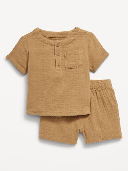 Double-Weave Henley Top and Shorts Set for Baby
