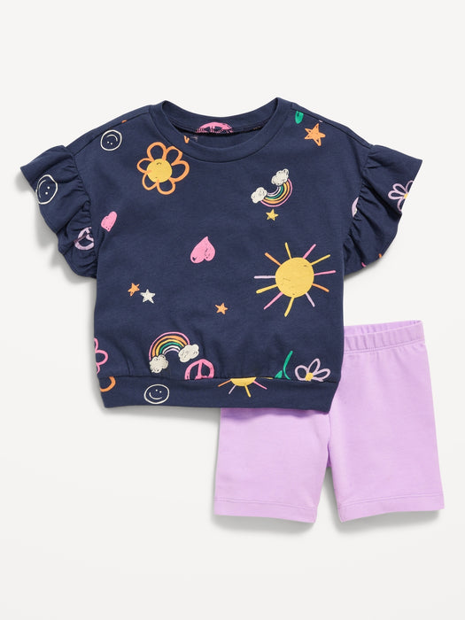 Printed Short-Sleeve Ruffle Top and Biker Shorts Set for Toddler Girls