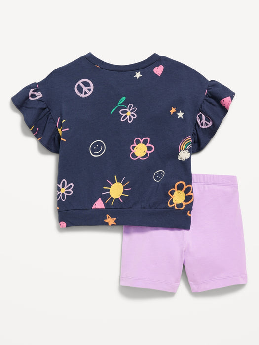Printed Short-Sleeve Ruffle Top and Biker Shorts Set for Toddler Girls