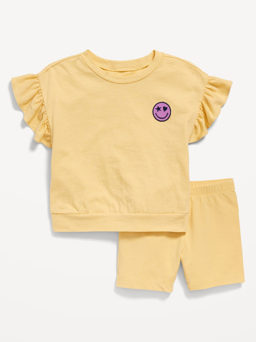 Printed Short-Sleeve Ruffle Top and Biker Shorts Set for Toddler Girls