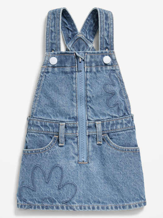 Zip-Front Embroidered Skirtall Jean Dress for Baby