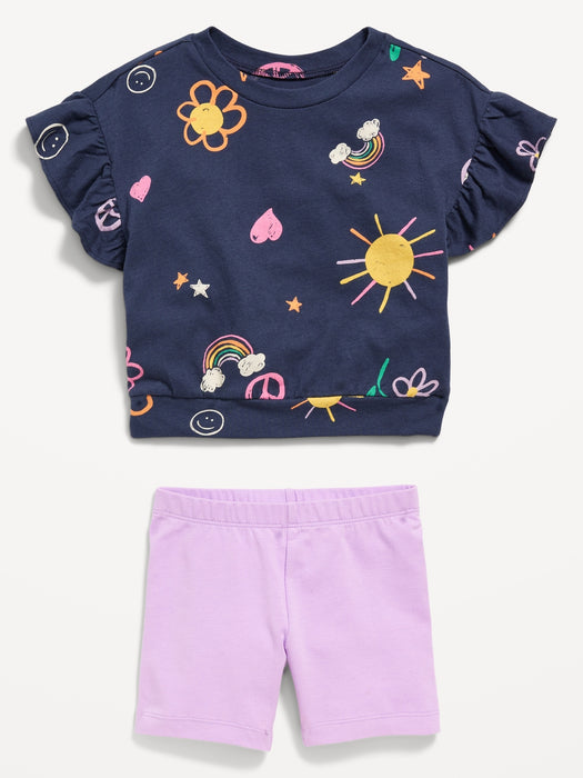 Printed Short-Sleeve Ruffle Top and Biker Shorts Set for Toddler Girls