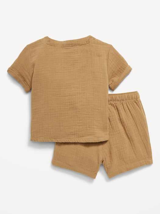 Double-Weave Henley Top and Shorts Set for Baby