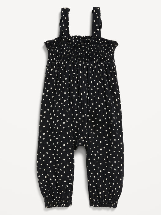 Printed Sleeveless Smocked Tie-Knot Jumpsuit for Baby
