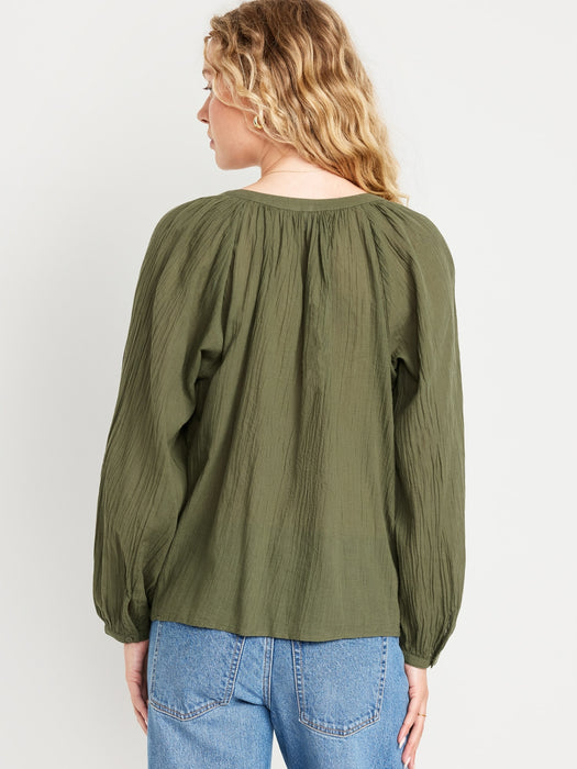 Split-Neck Crinkle Gauze Top