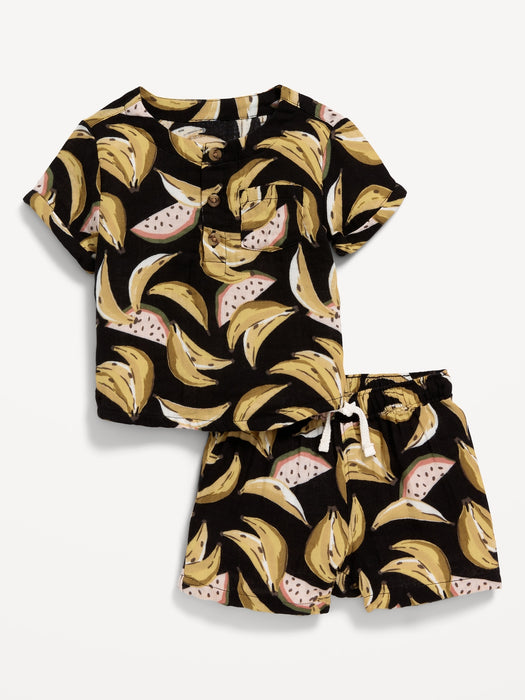 Printed Double-Weave Henley Top and Shorts Set for Baby