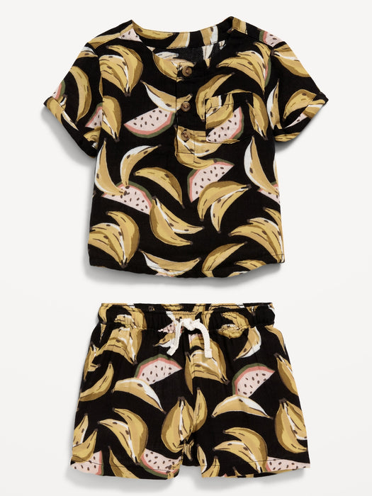 Printed Double-Weave Henley Top and Shorts Set for Baby